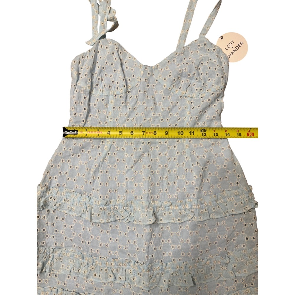 Lost + Wander Blissful Blues Mini Dress Eyelet‎ Ruffle Tie Strap Smocked Blue - Picture 6 of 10